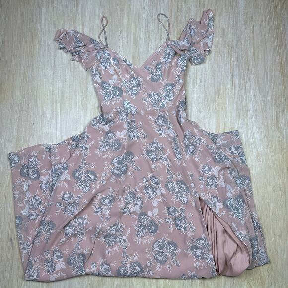 Lovers + Friends Pink Blush Floral Dainty Ruffle Slit Taylor Maxi Gown Dress 6 - Picture 1 of 16